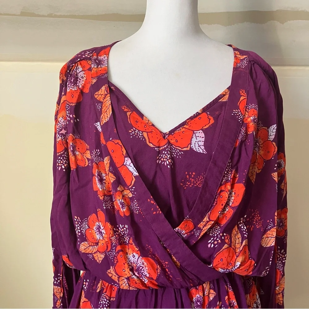 Free People Purple Tuscan Dreams Floral Printed Long Sleeve Tunic Blouse Small